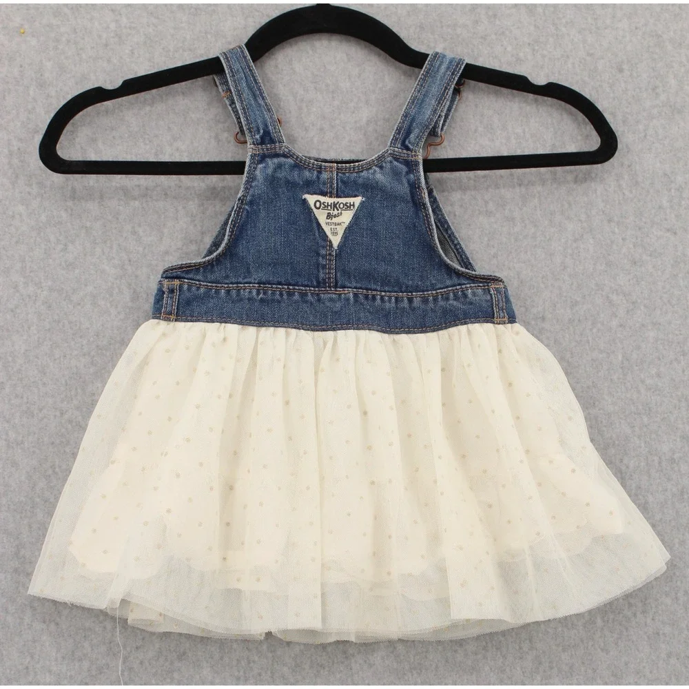 OshKosh Bgosh Baby‎ Girls 18M Denim Tulle Tutu Overall Dress Blue Cream Gold Dot